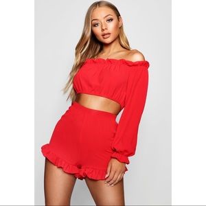 🌹Red Co ord Short Set: Bardot Ruffle Short Co-ord